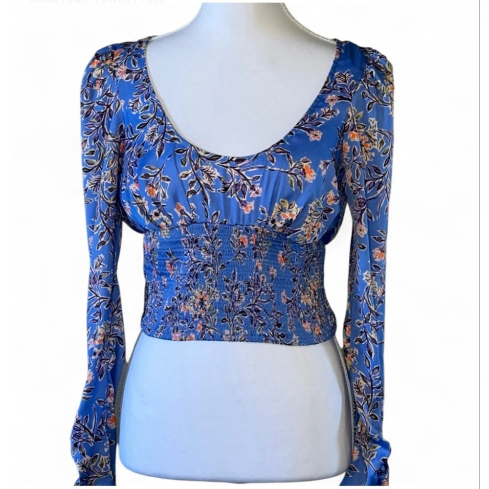 🌸 Free People Blue Floral Smocked Crop Top Puff Long Sleeve Boho Medium